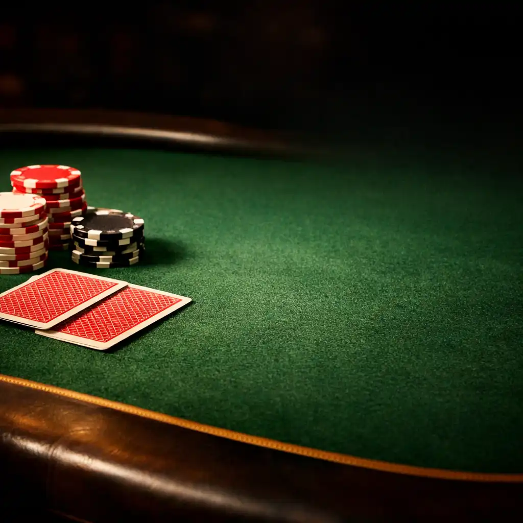 Close-up of a premium poker table in the Card Lounge with green felt, physical cards, and poker chips
