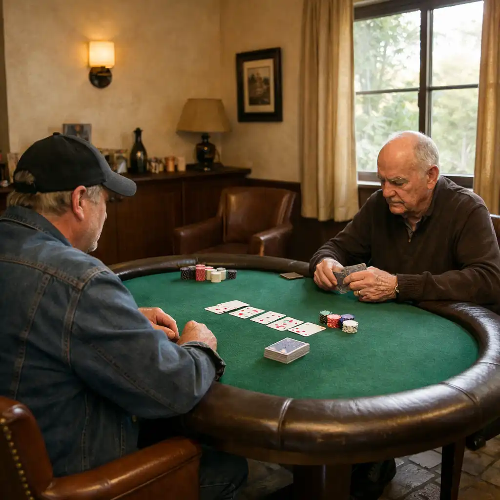 Intimate Card Lounge with a single poker table, two players seated, warm natural light