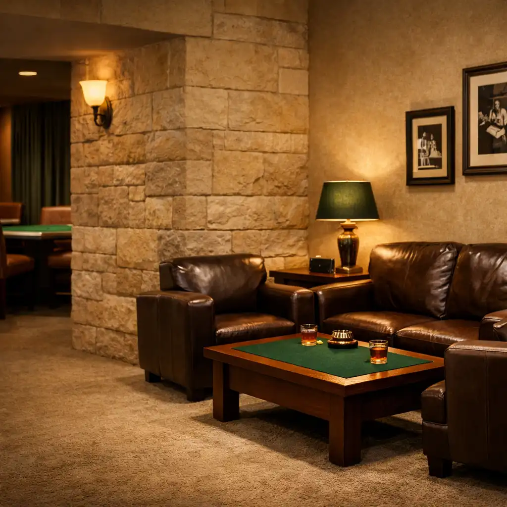 Comfortable lounge seating with sandstone walls and green felt accents in the Card Lounge at Poker Hall Kakadu