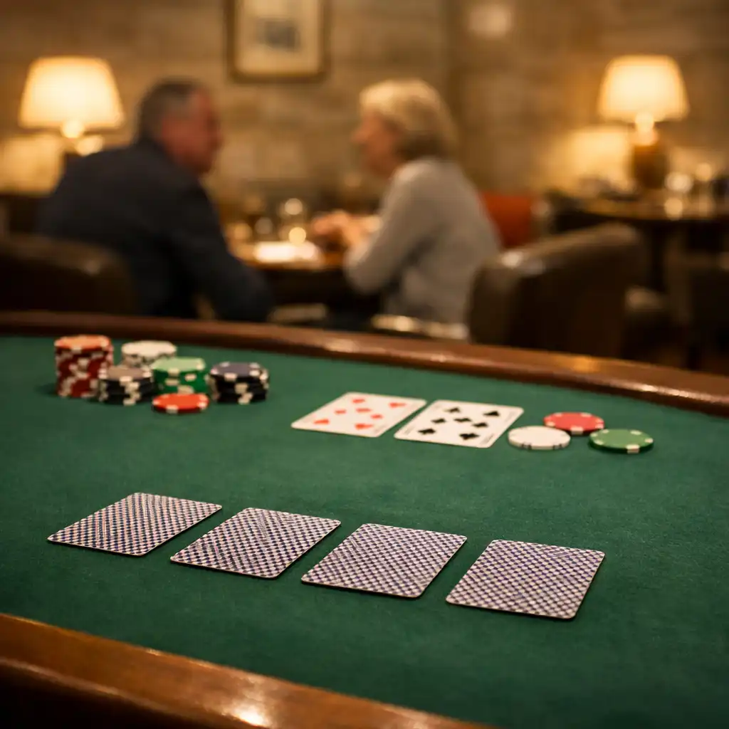 Card Lounge with a poker table, physical playing cards and comfortable seating in a warm sandstone interior
