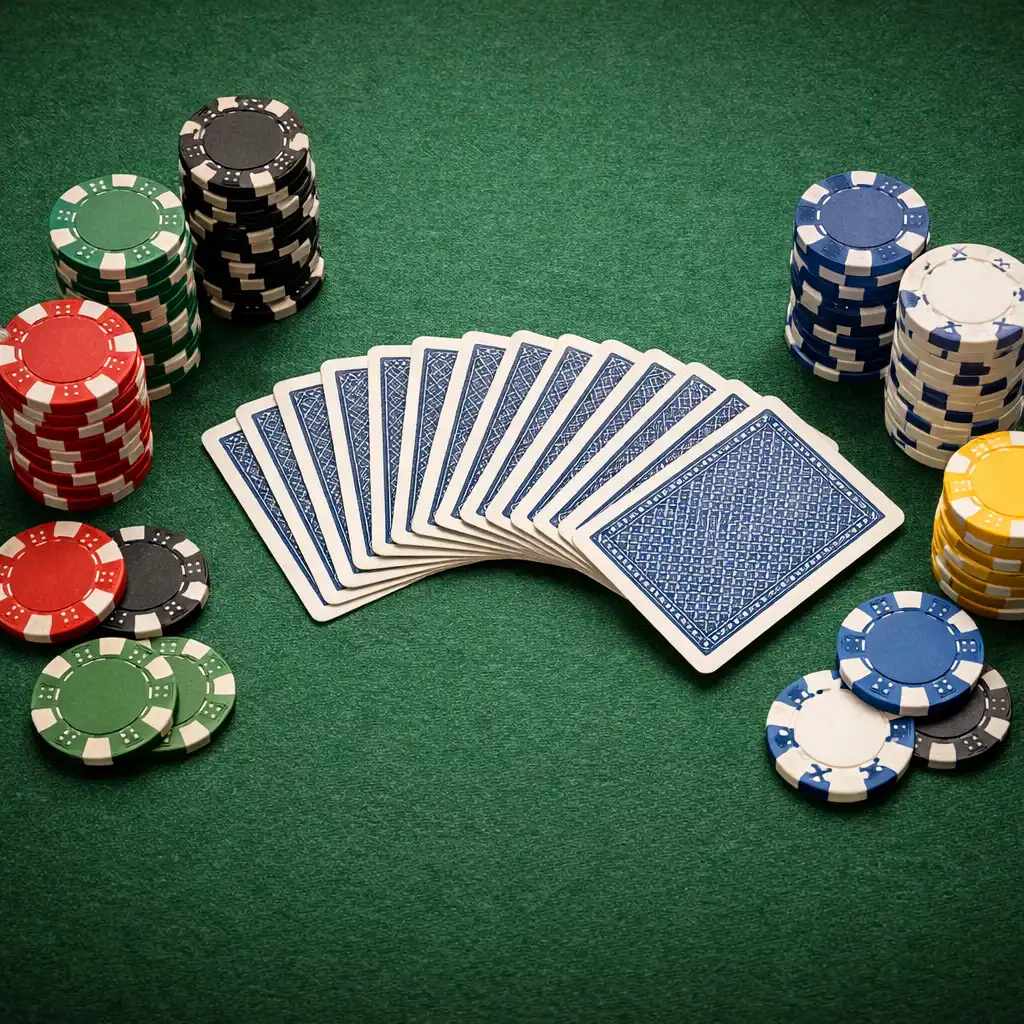 Top-down view of physical playing cards and poker chips on green felt