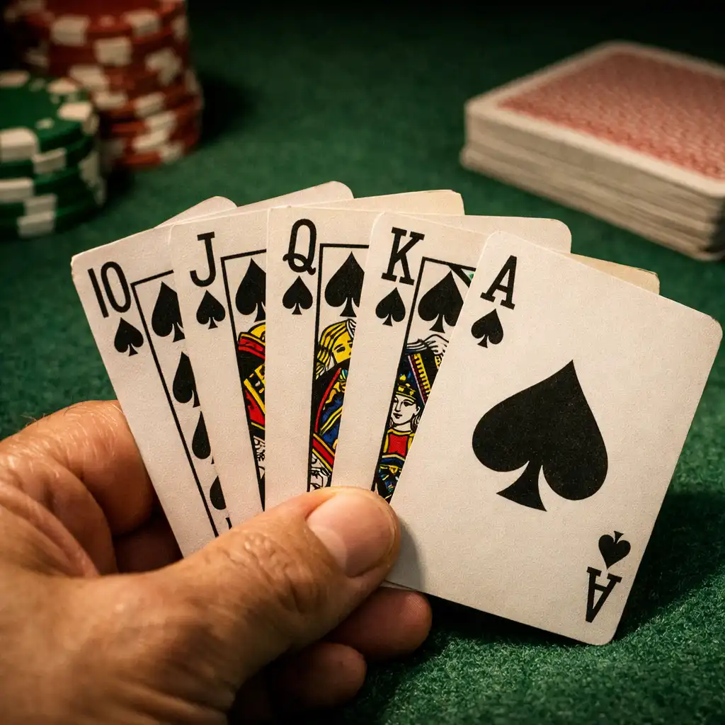 A close-up of a poker hand with a fan of playing cards held above a green felt table with chips and a deck.