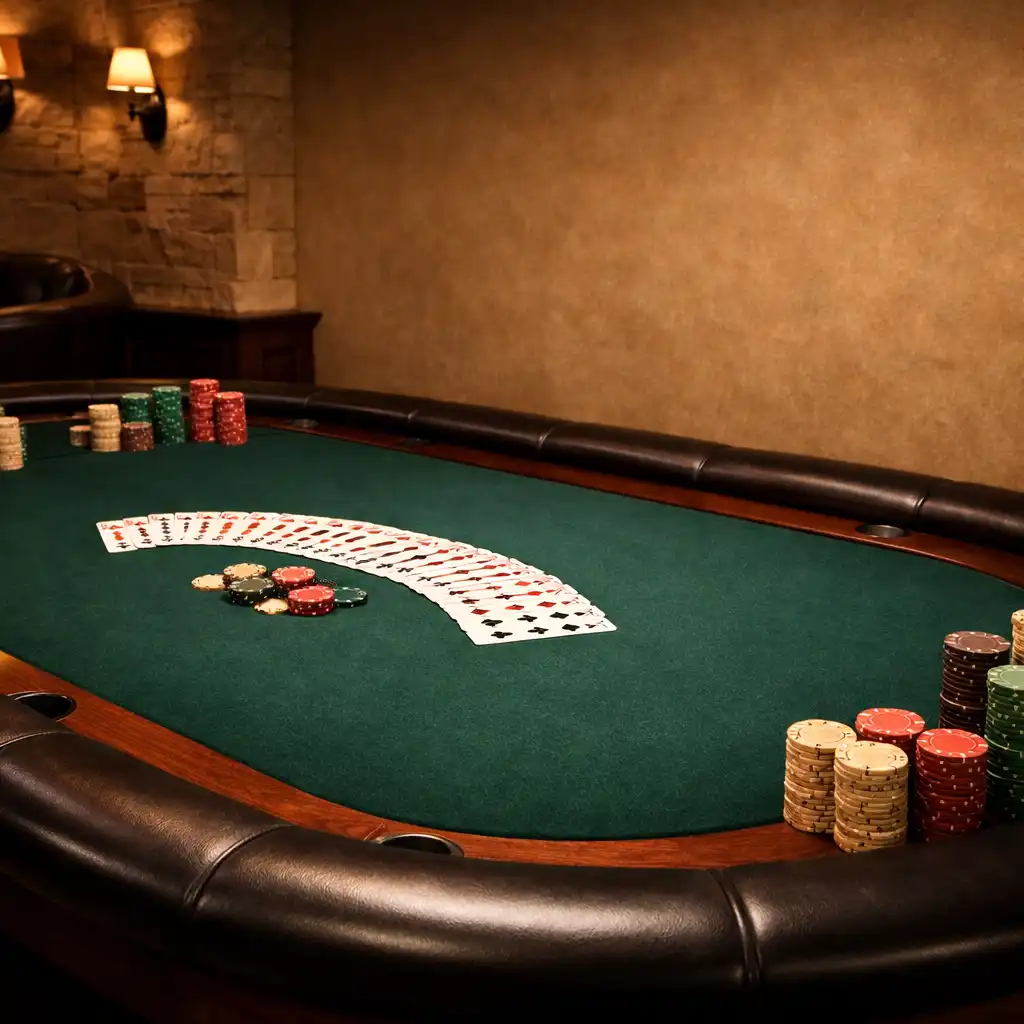 Complete poker table with green felt, dark rail, cards, and poker chips in the Poker Hall Kakadu Poker Room
