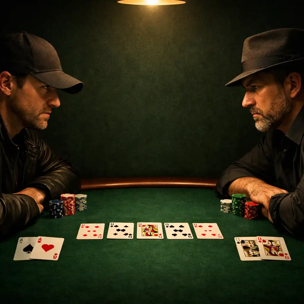 Two poker players facing each other across a table in the Poker Room