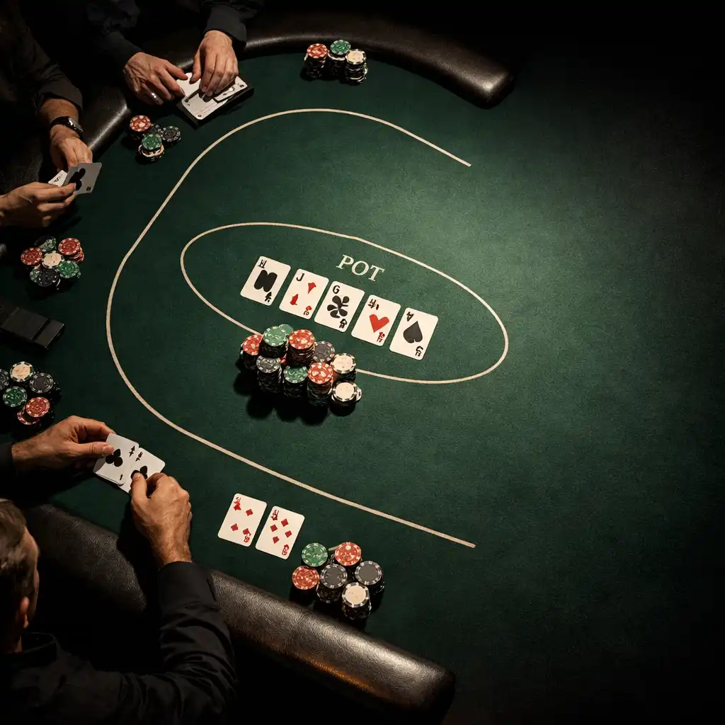 Serious adult players seated around a professional-style physical poker table with deep green felt