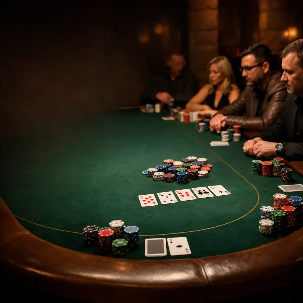 Serious players seated around a real poker table with physical cards and chips at Poker Hall Kakadu