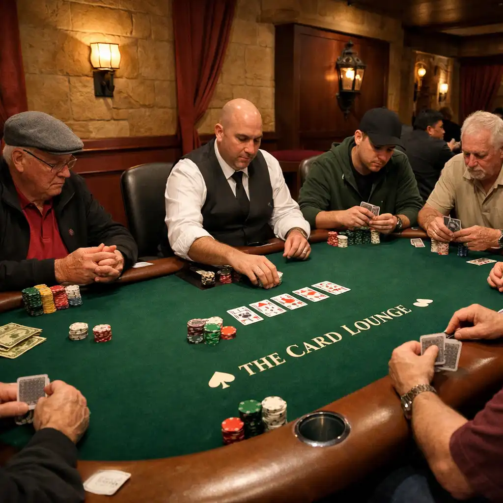 Wide-angle view of a real poker table in the Card Lounge with players focused on their cards
