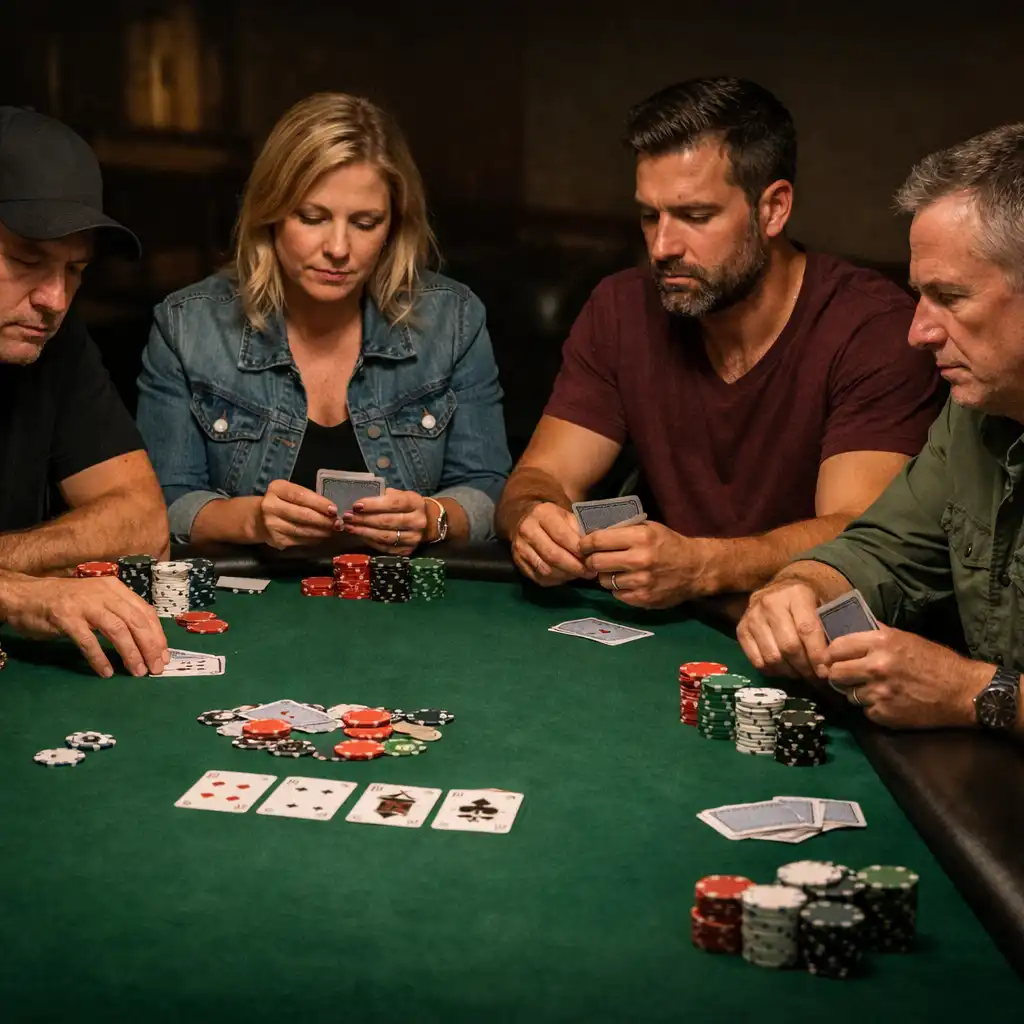 Four serious poker players seated around a real poker table with green felt, cards, and chips at Poker Hall Kakadu