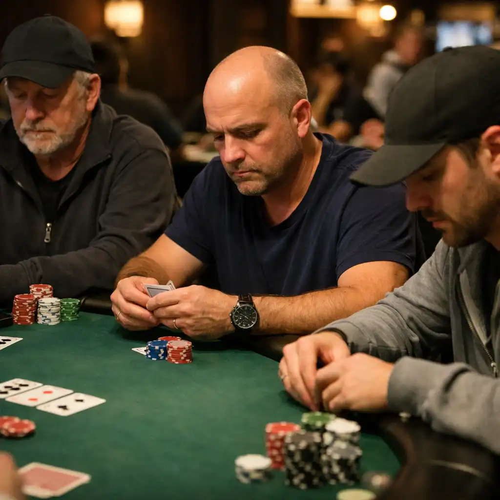 Serious poker players focused on their cards at a professional poker table