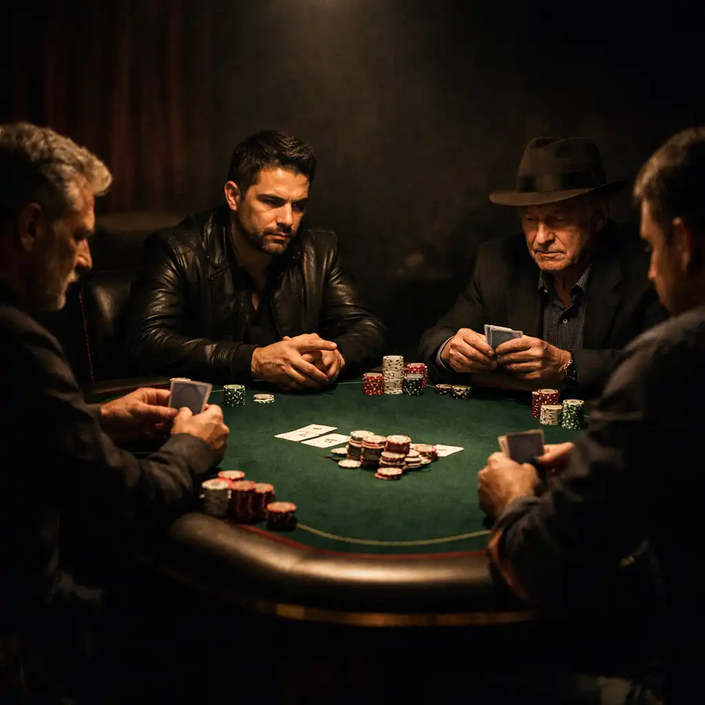 Serious adult players concentrating around a professional-style poker table during a poker night