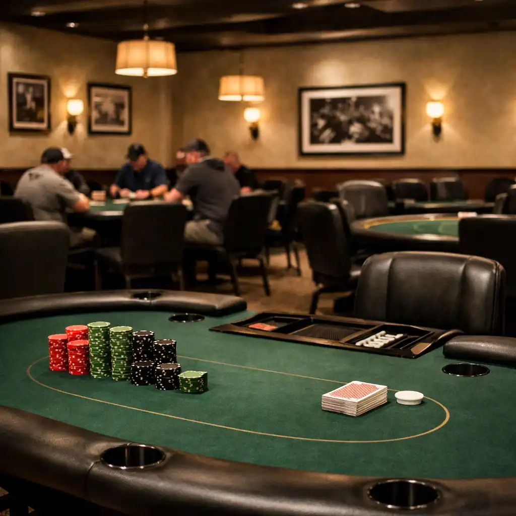 A wide interior view of the Poker Room with several real green felt poker tables and focused players.