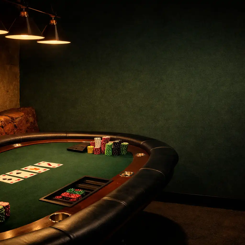 Professional-style poker table with physical cards and chips in the Poker Hall Kakadu Poker Room