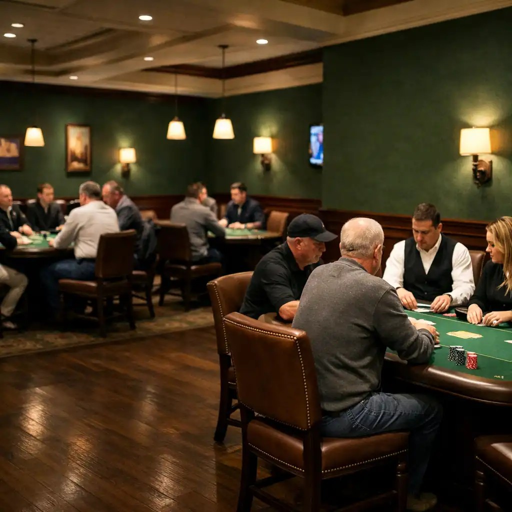 Interior of the dedicated Poker Room at Poker Hall Kakadu with real poker tables and seated players
