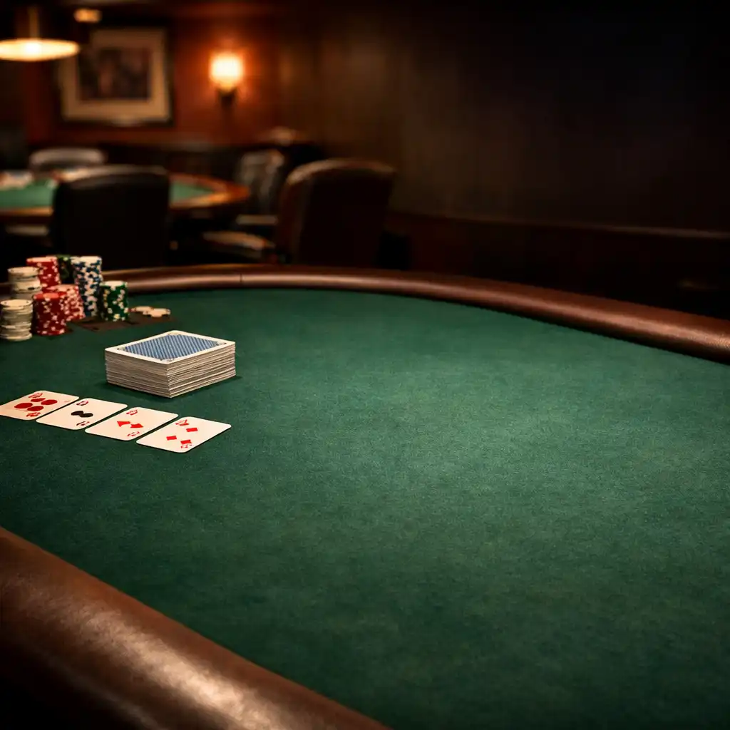 Dedicated Poker Room with a professional-style poker table, physical cards and poker chips on deep green felt