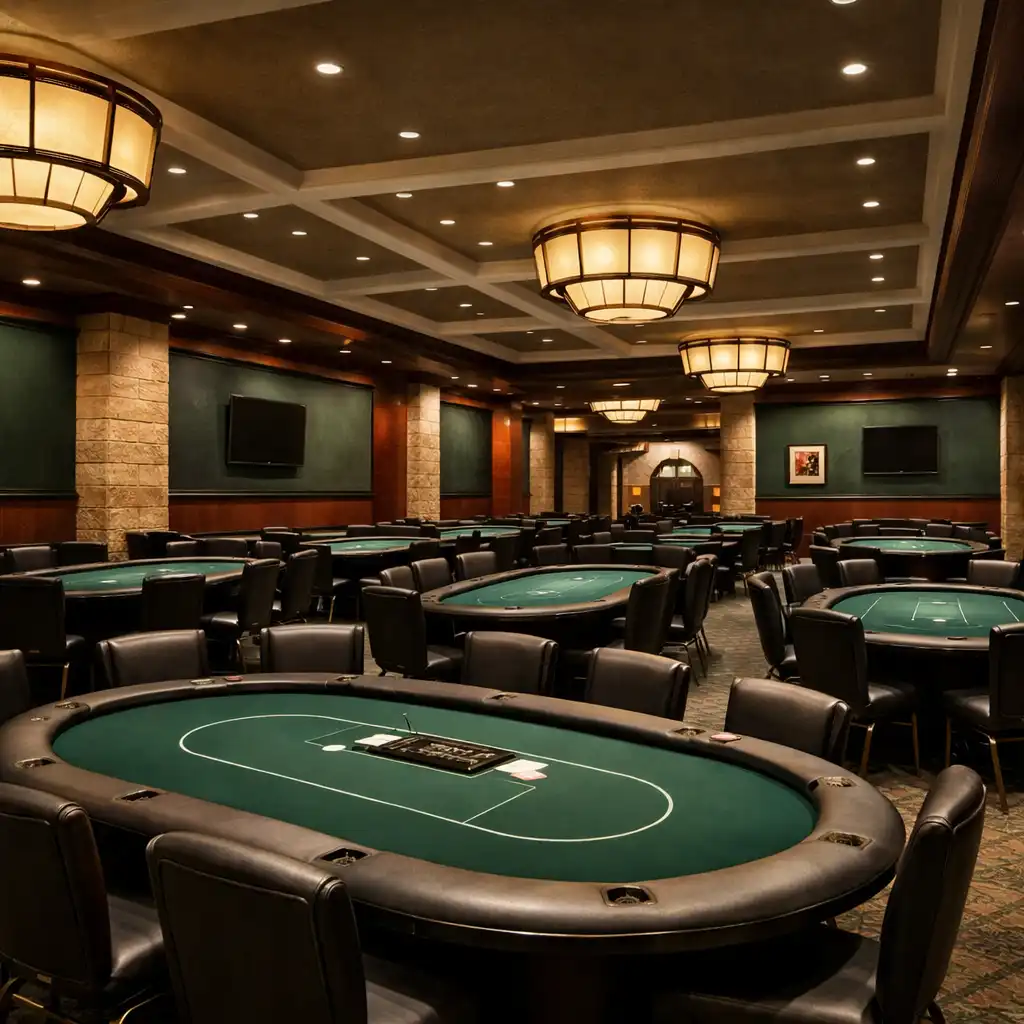 Wide view of the Poker Room with multiple real poker tables arranged in a row at Poker Hall Kakadu