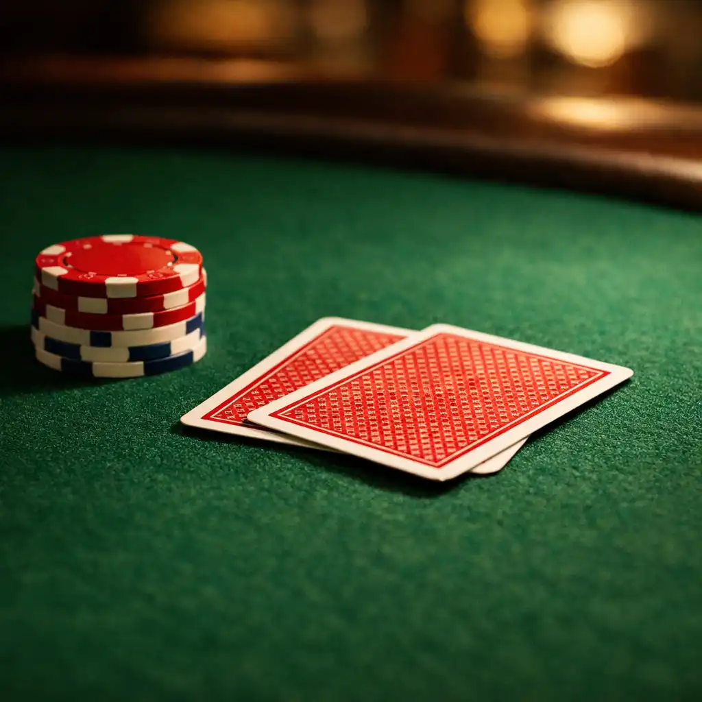Close-up of a professional poker table felt with physical cards and chips