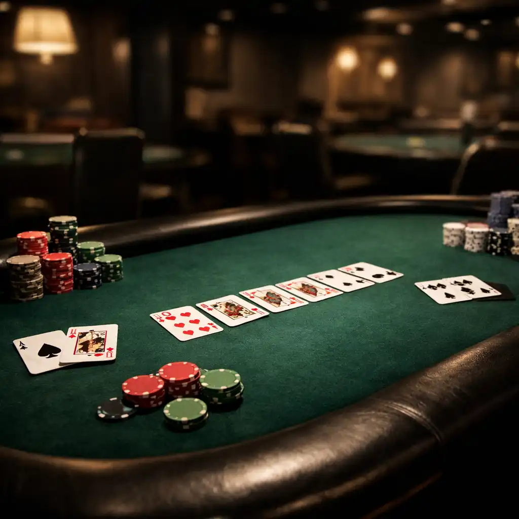 A premium poker table with deep green felt, physical playing cards, and stacks of clay poker chips under warm off-white lighting.