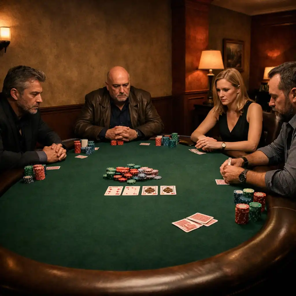 Private poker table in the dimly lit Poker Room with physical cards and chips, players focused on the game