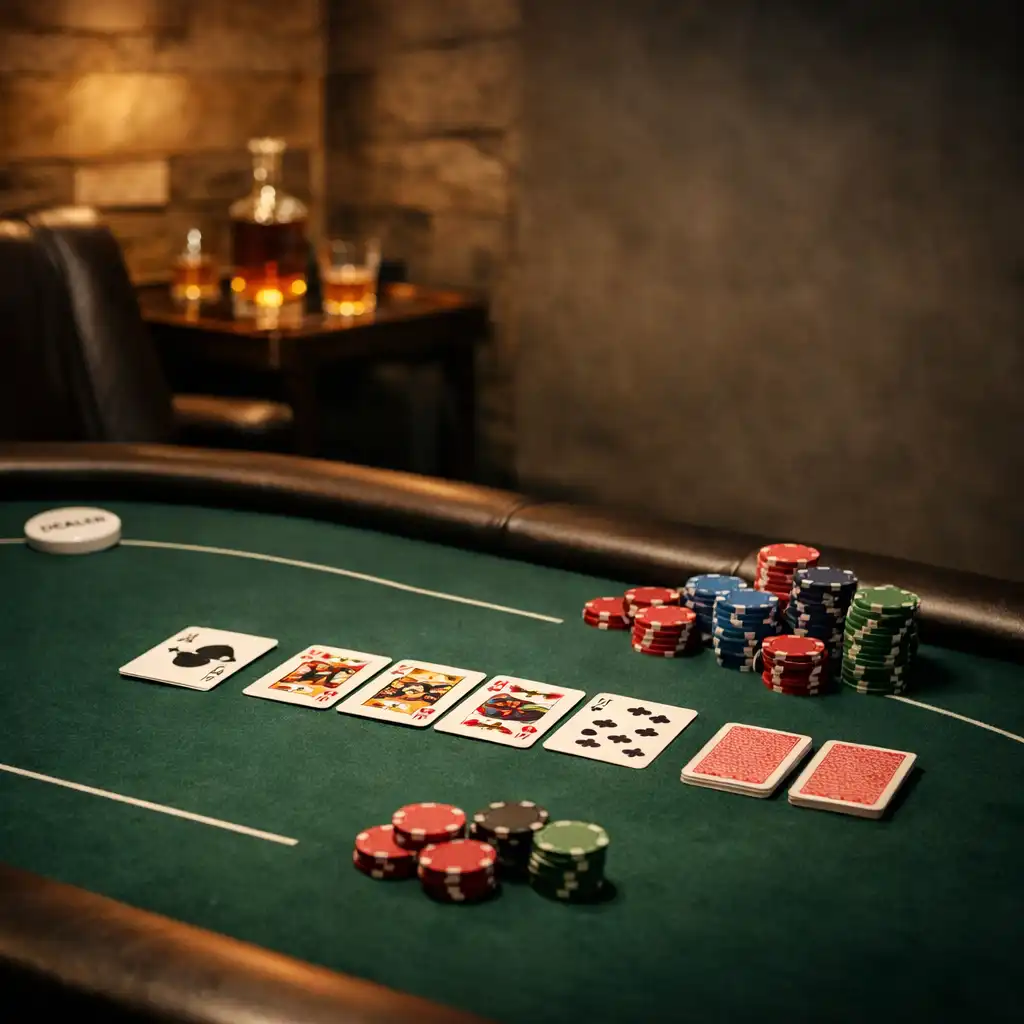 Private poker table setting with deep green felt, physical playing cards and poker chips in an intimate room