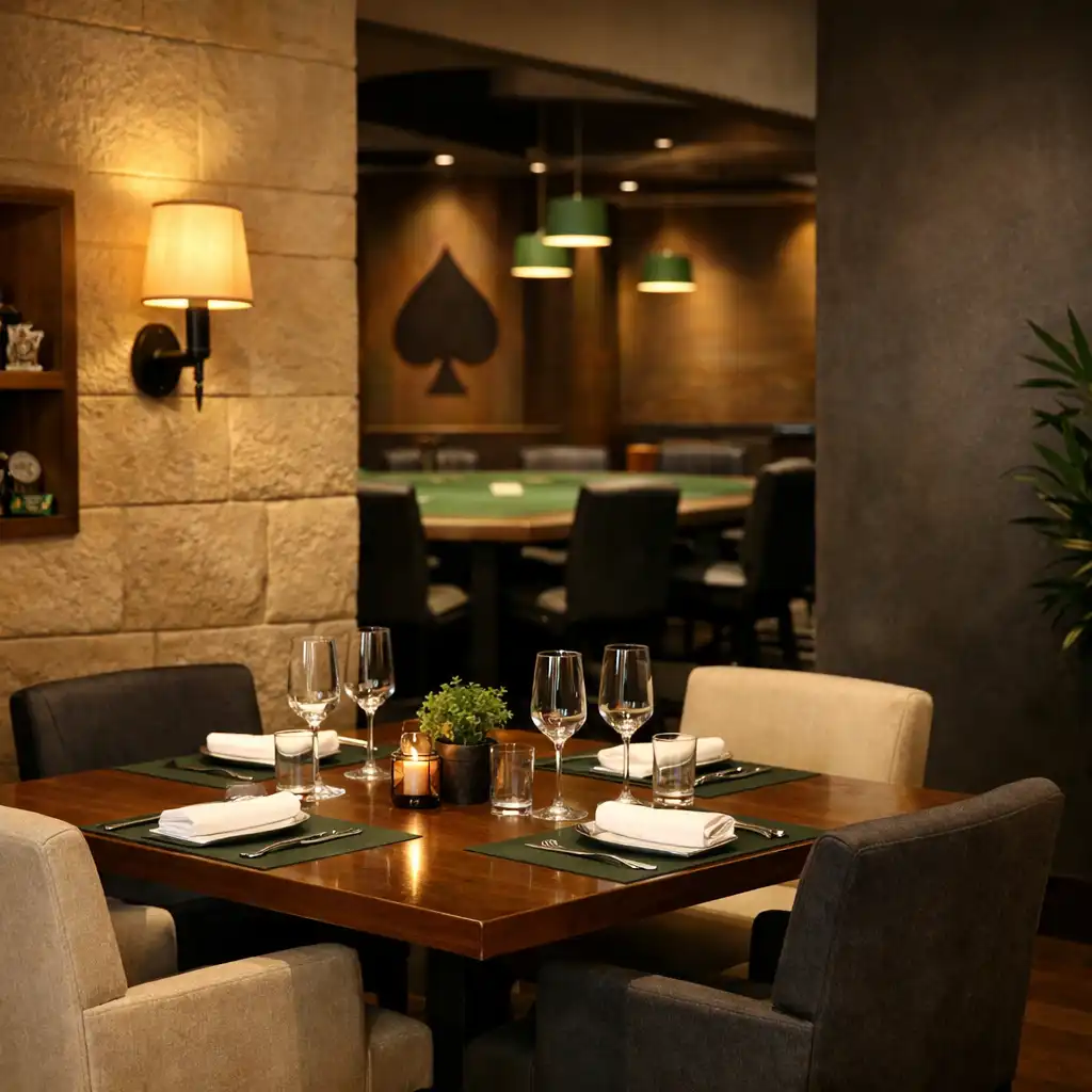 Contemporary restaurant dining space with warm sandstone walls, wooden tables and comfortable seating