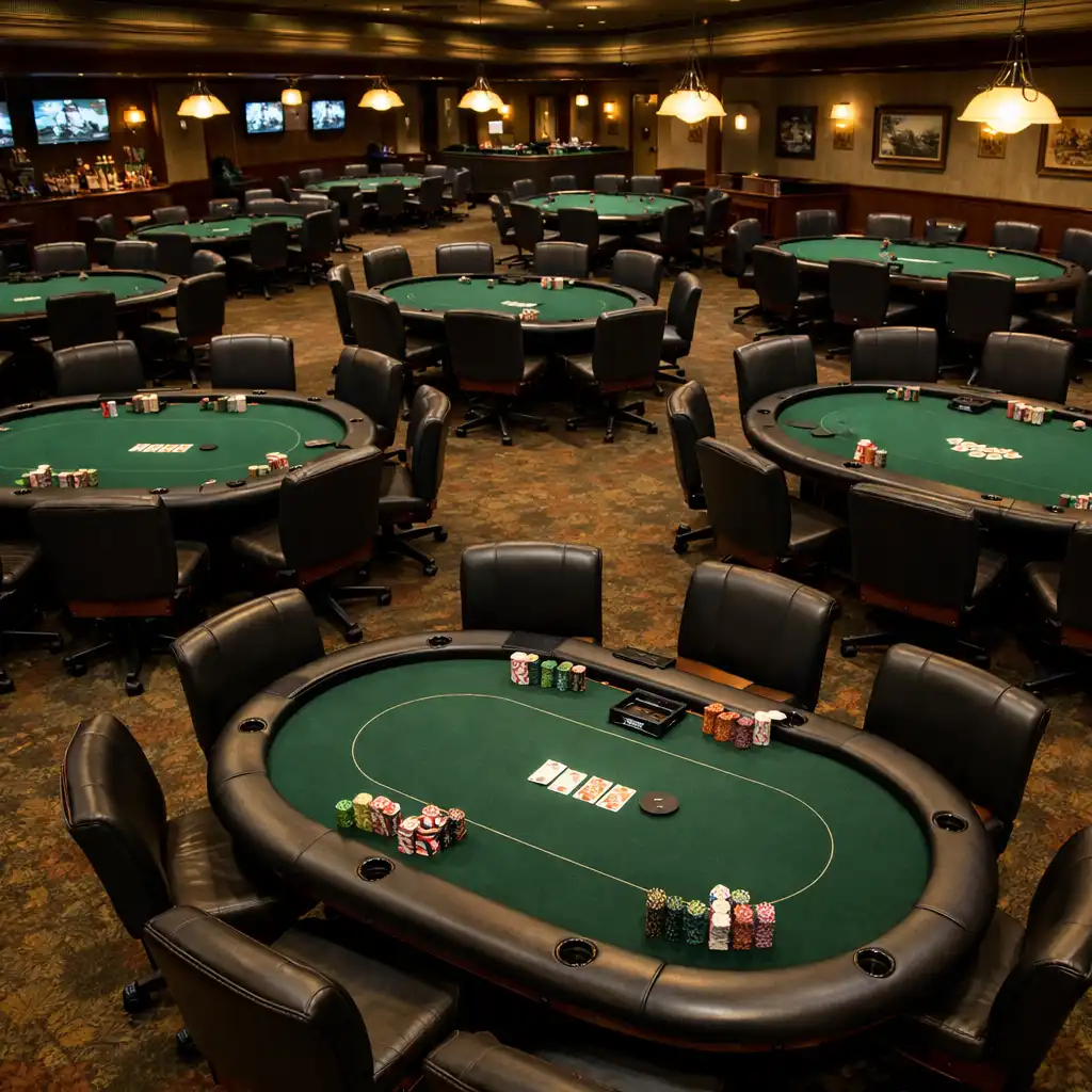 Wide view of multiple professional poker tables arranged in a flexible configuration